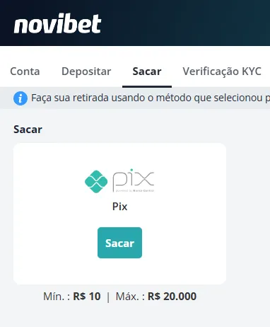 Área de saque da Novibet, com logo de Pix e informações dos limites mínimos e máximos