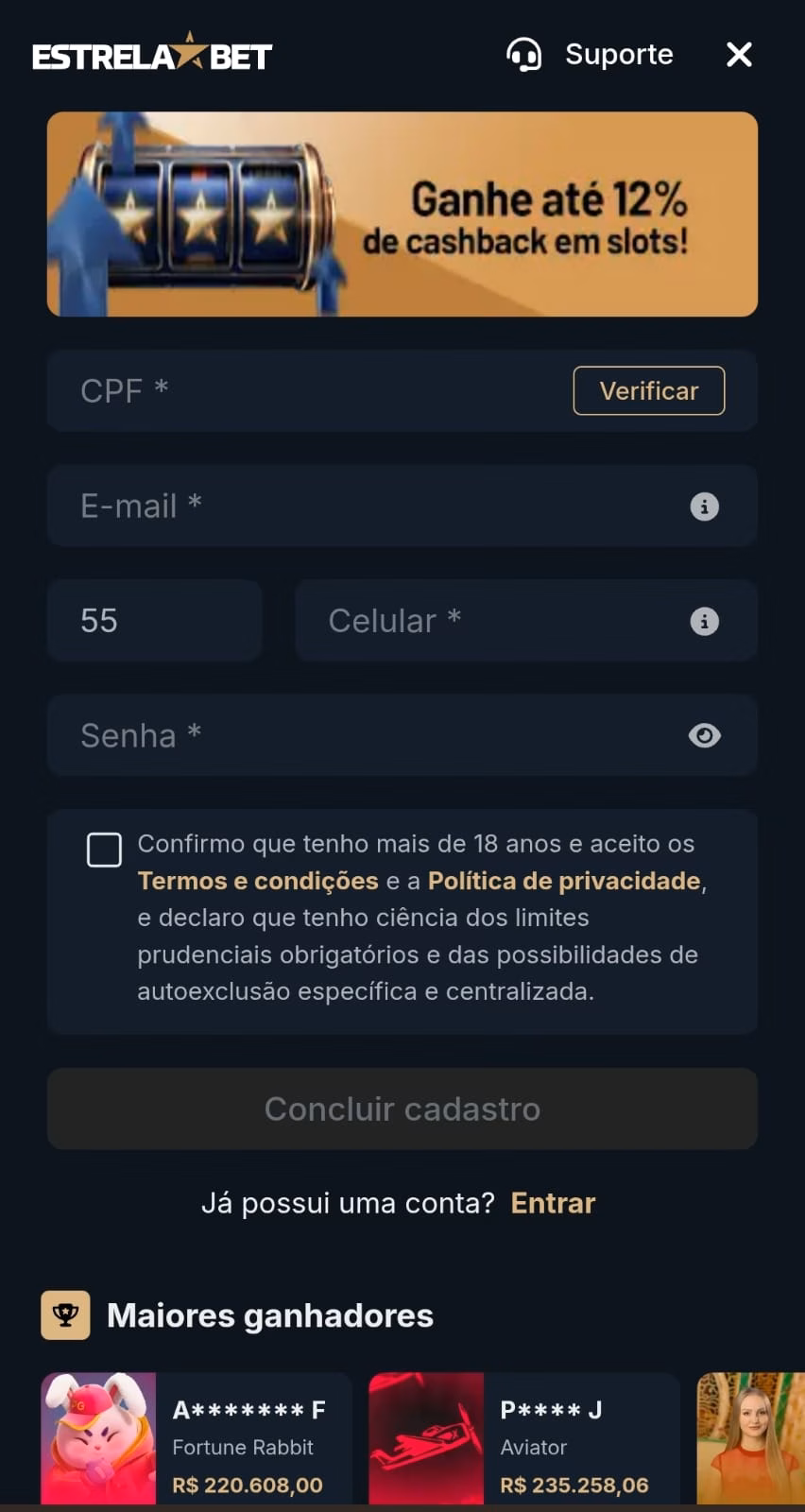 Formulário de cadastro da Estrelabet com os campos a serem preenchidos e o banner da oferta de cashback em slots.