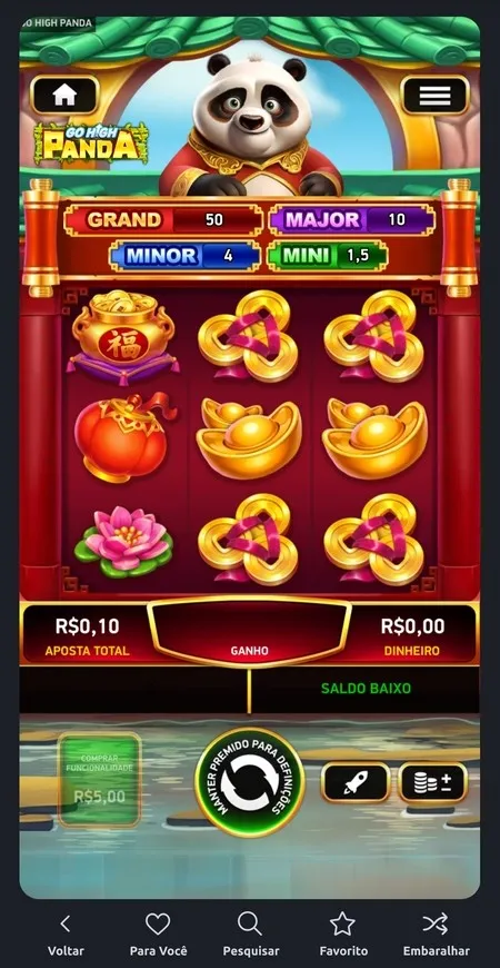 Slot Go High Panda com bet de 10 centavos definida para a próxima rodada.