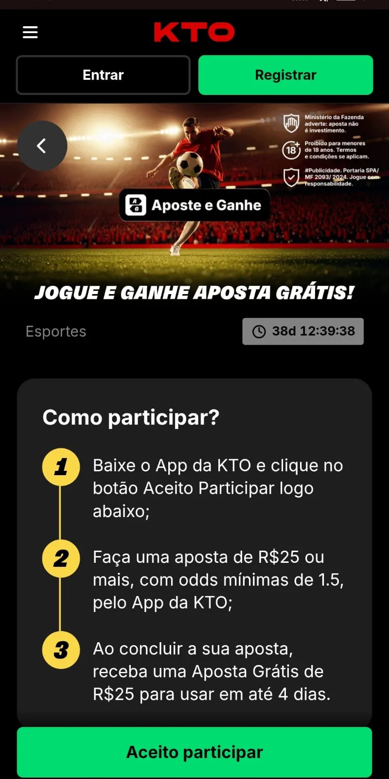 Oferta "Jogue e Ganhe Aposta Grátis" da KTO com até R$ 25 para apostas elegíveis em mercados com odds de 1.5 ou mais. 