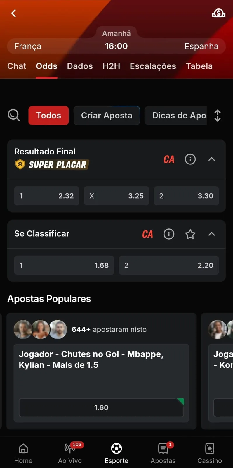 Jogo da Copa do Mundo com promoção SuperPlacar sinalizada no mercado de resultado final.