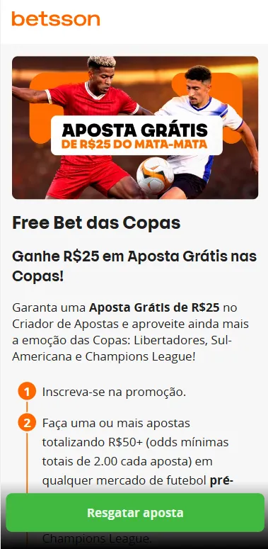 Promoção Freebet das Copas na Betsson com aposta grátis de R$ 25