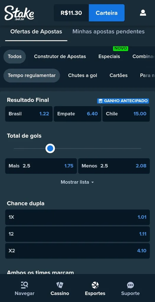 Mercados de apostas na Stake, com odds para resultado final, total de gols e chance dupla.