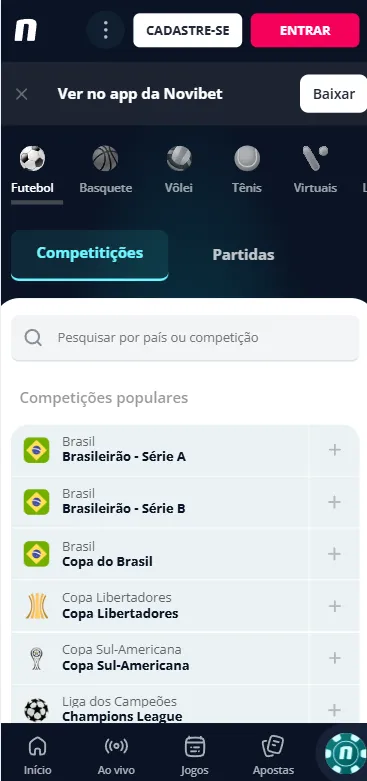 Captura de tela da página de competições de futebol da casa de apostas Novibet