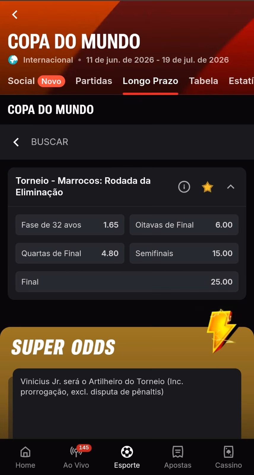 Mercado de rodada da eliminação do Marrocos na Copa 2026, com odds de 6.00 para cair nas oitavas de final.