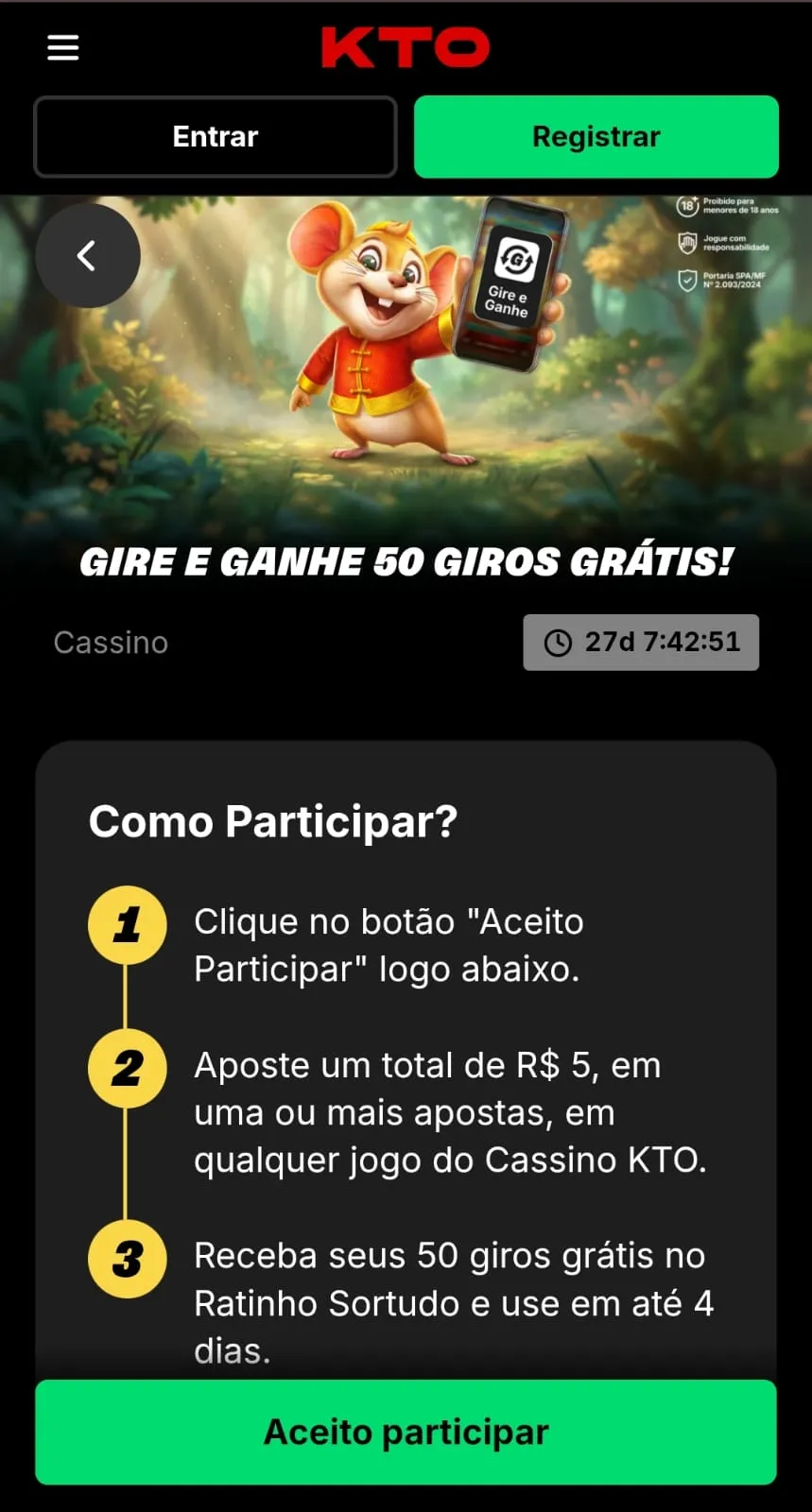 Promoção Gire e Ganhe 50 Giros Grátis na KTO para o Ratinho Sortudo da Pragmatic Play.