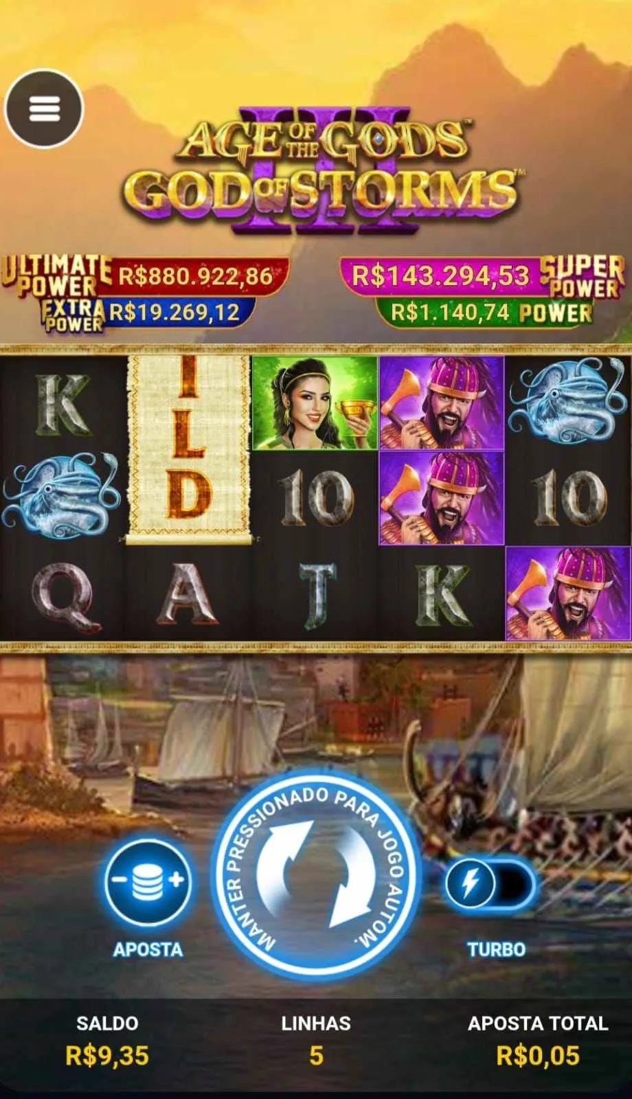 Diferentes símbolos em Age of the Dods - Gods of Storms III, com Ultimate Power Jackpot em R$ 880 mil