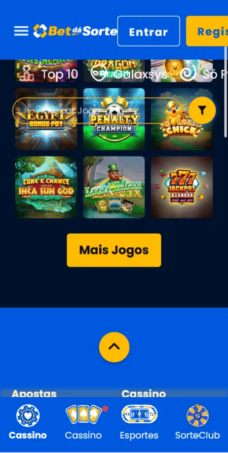 Ícones de 6 jogos de jackpots da BetdáSorte, incluindo Penalty Champion e 777 Jackpot

