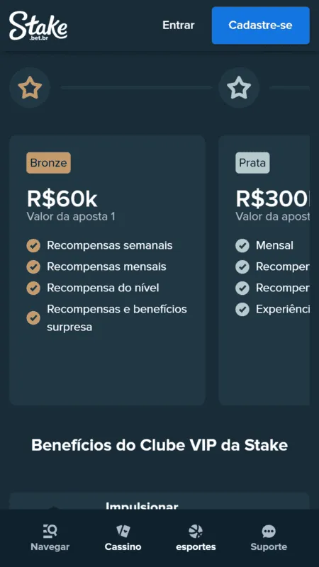 Clube VIP da Stake com níveis bronze e prata e os benefícios de cada um.