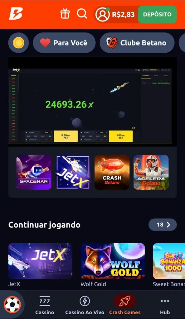 JetX na Betano com multiplicador em 24693.26x, com ícones de outros jogos abaixo, como Spaceman e Crash Betano
