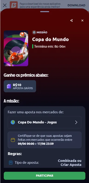 Missão da Copa na Betano com R$10 em freebet para apostas elegíveis