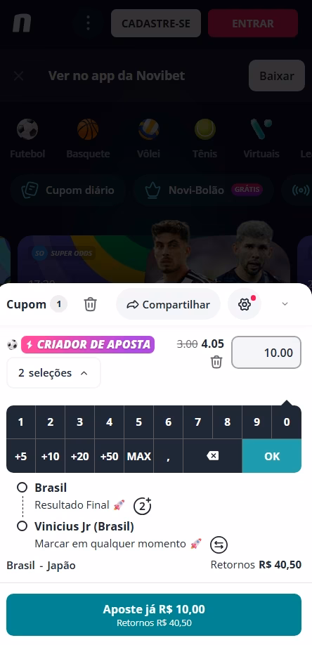 Odd Turbinada de 4.05 para Brasil Vencer e Vini Jr marcar em Brasil x Japão na Novibet