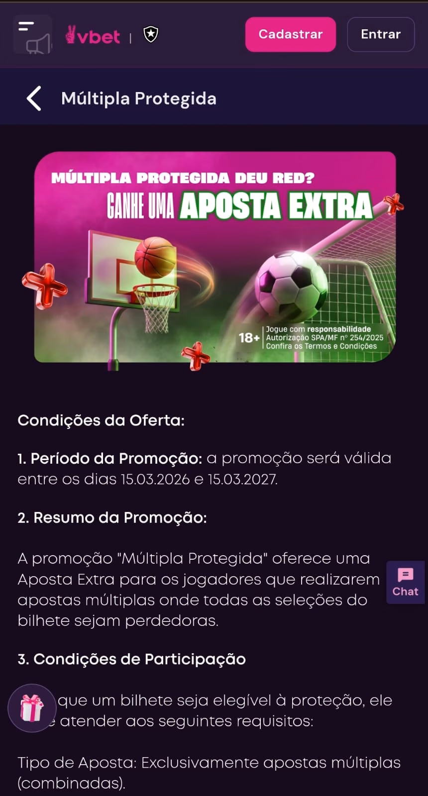 Oferta de Aposta Extra da Vbet com resumo das regras e detalhes da promoção.