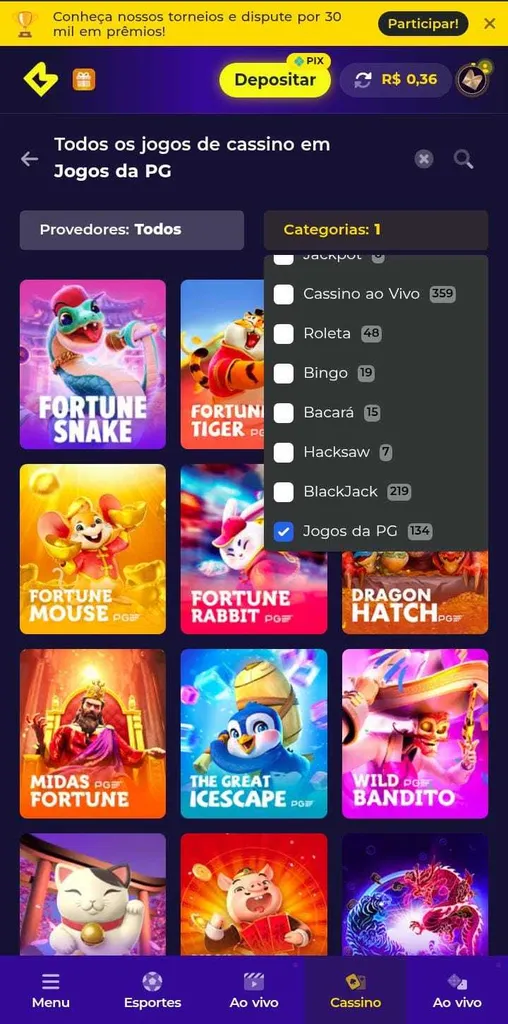 Seleção de jogos da PG Soft na Multibet, com exibição de Fortune Snake, Fortune Mouse, entre outros