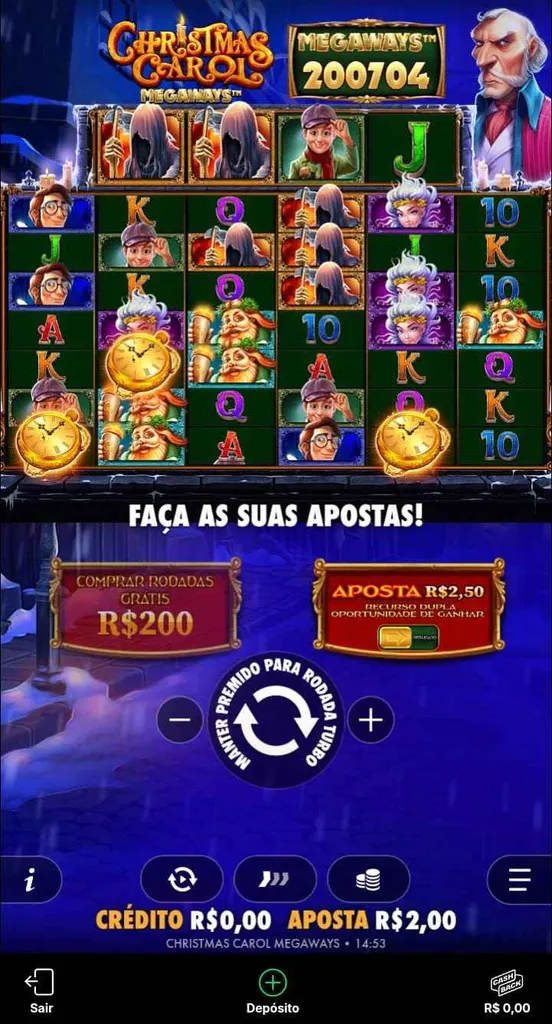 Diferentes símbolos nas bobinas do slot Christmas Carol Megaways, com Megaways na marca de 200.704