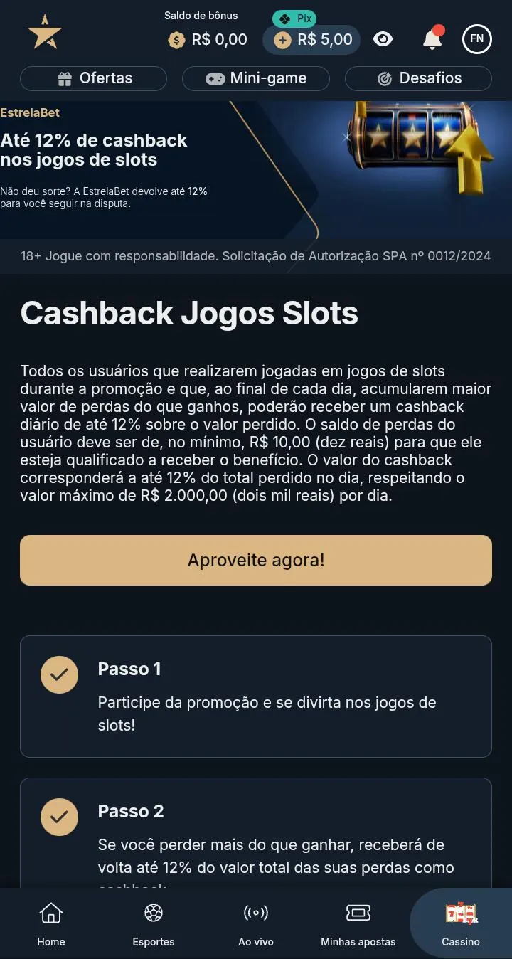 Oferta de até 12% de cashback diário da Estrelabet, com texto explicativo e botão de Aproveite Agora