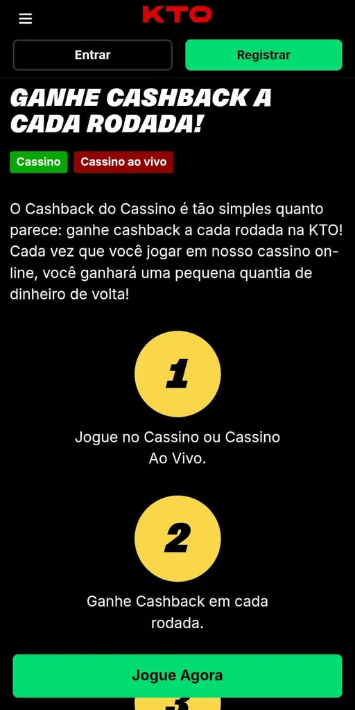 Oferta de cashback a cada rodada da KTO, com informações de como funciona e botão "Jogue Agora"