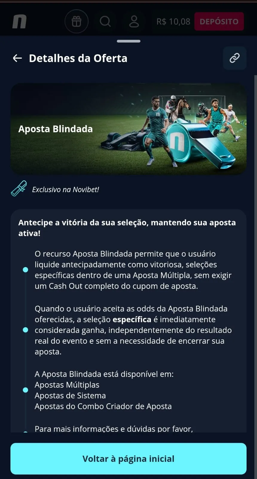 Oferta Aposta Blindada na Novibet, com texto explicativo e apito de árbitro no banner promocional