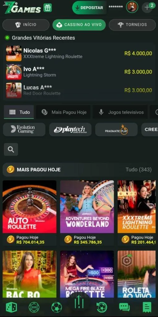 Tela de Cassino da 7Games.BET