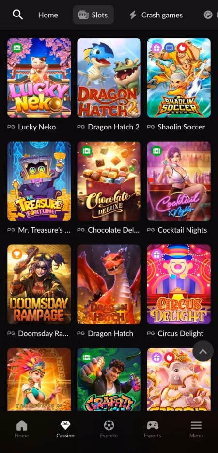 Catálogo de jogos da Betboom com destaque para Dragon Hatch 2, Lucky Neko e Shaolin Soccer, disponíveis em plataforma de cassino online.