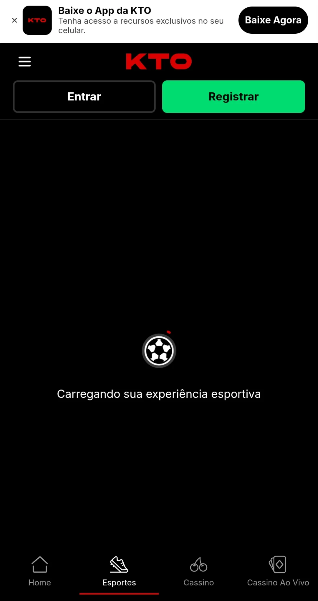 Página de esportes da KTO com banner do aplicativo e botão de atalho para a Play Store
