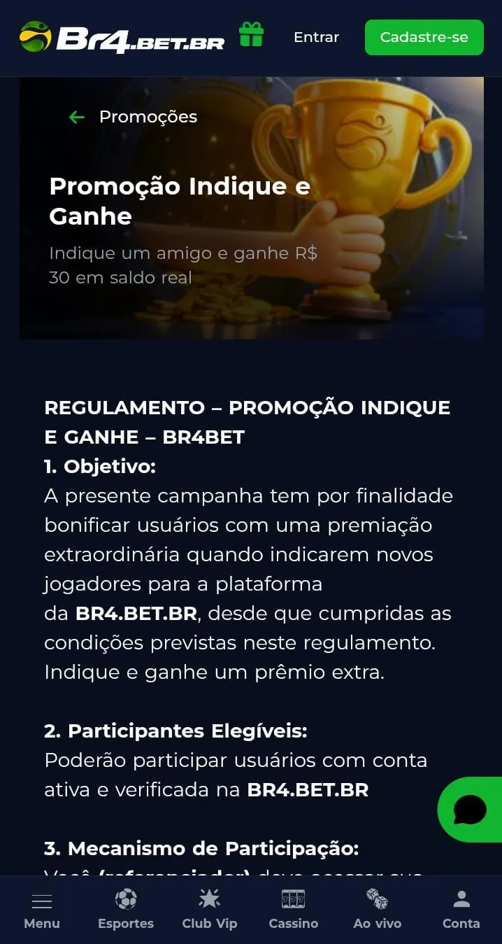 Bônus de indicação na Br4bet com R$ 30 em sldo real, com texto explicativo e troféu no banner promocional