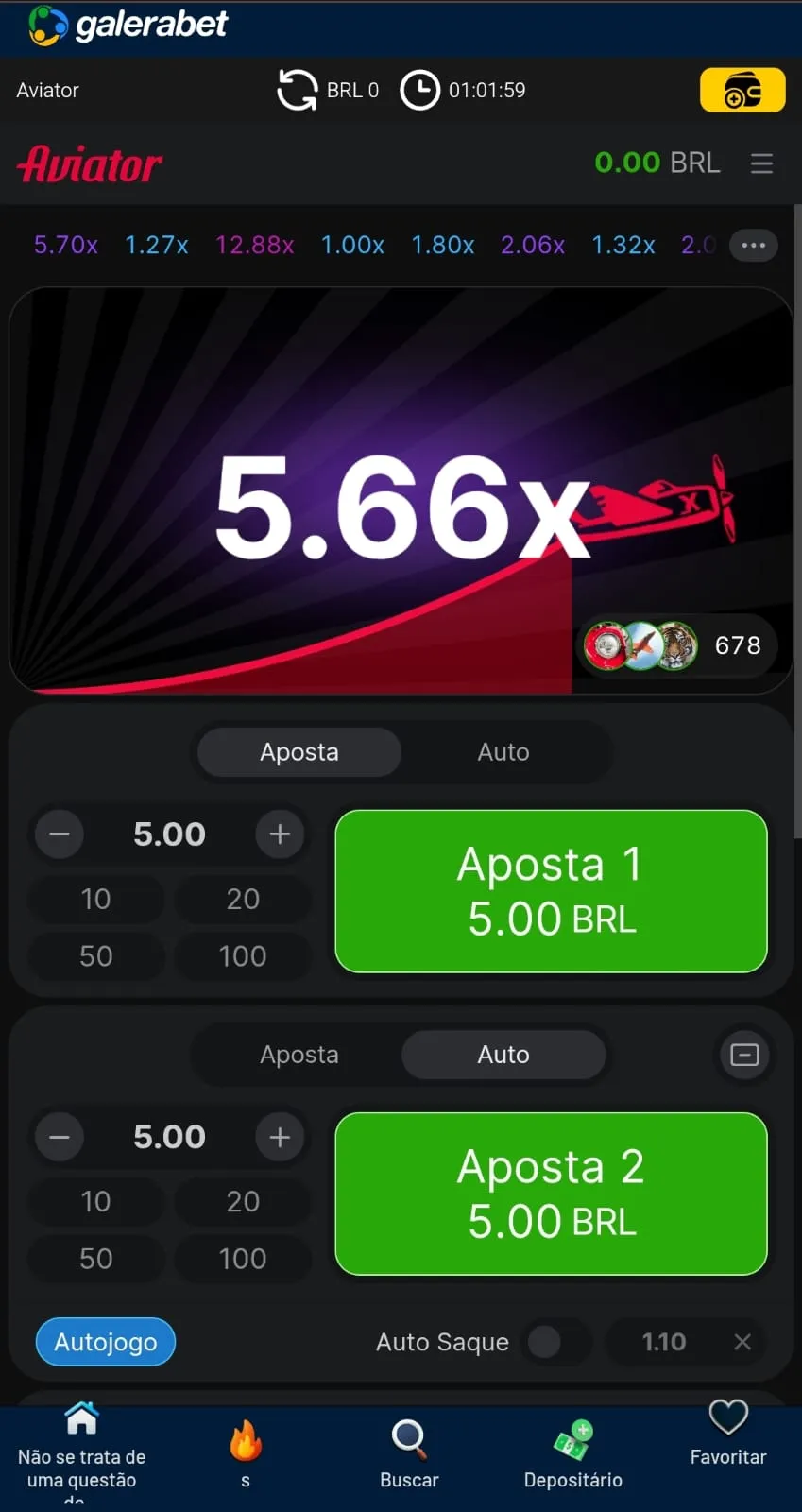 Aviator na Galera Bet com opção de auto-jogo e apostas convencionais