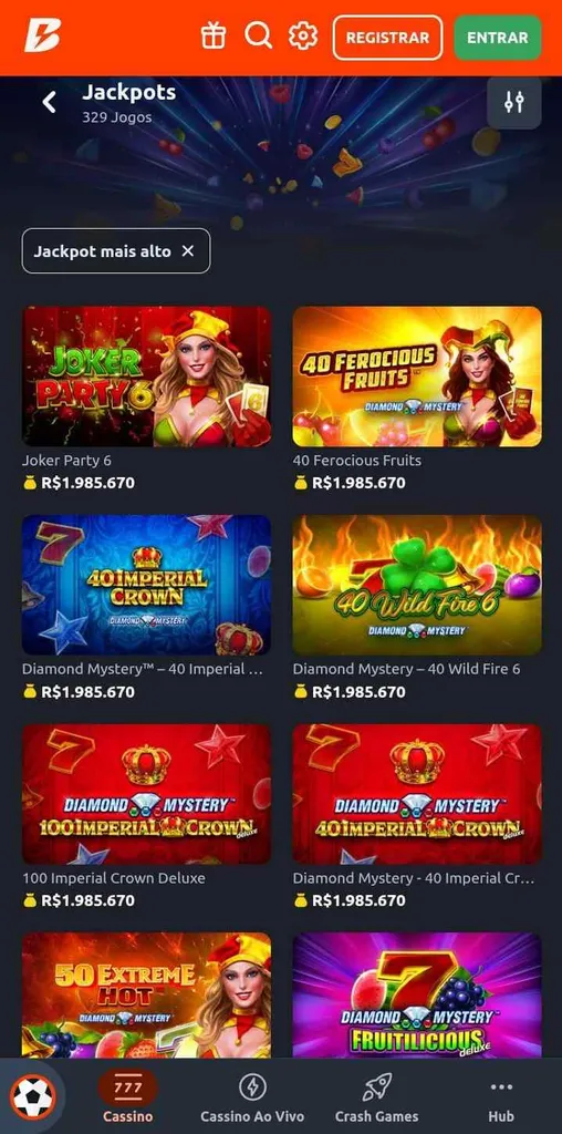8 jackpots da Betano, incluindo Jocker Party e 40 Ferocious Fruit, com prêmios em R$ 1.985.670