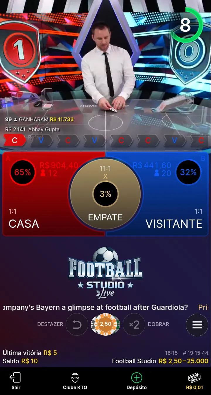 Jogo Football Studio na KTO, com aposta a R$2,50 e 8 segundos faltando para a próxima rodada