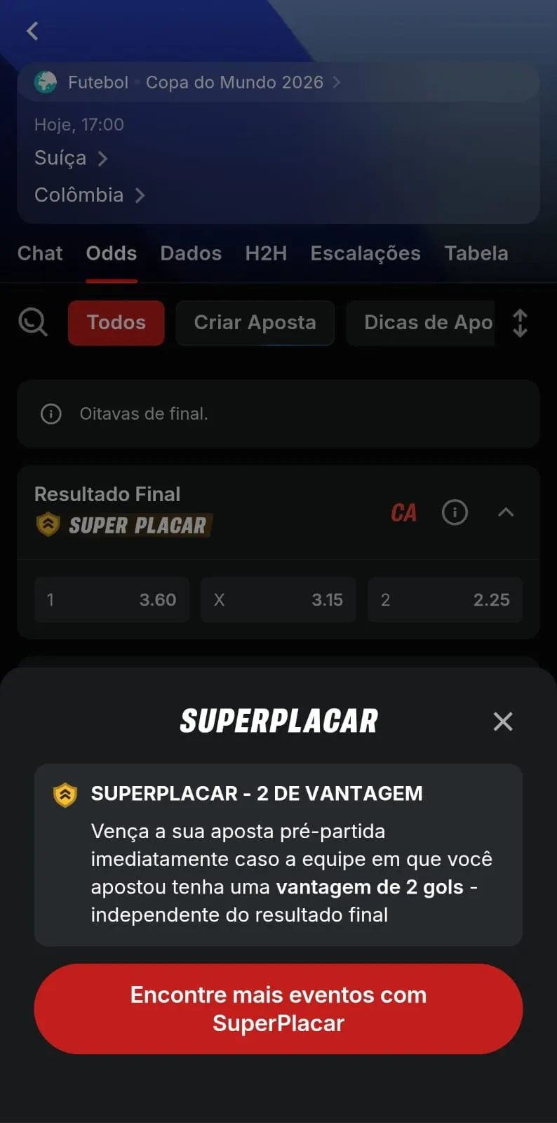 Captura de imagem da partida entre Suíça x Colômbia pela Copa do Mundo na Superbet, com destaque para a opção de Super Placar
Data: 07/07/2026