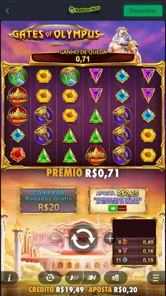 Ganho de queda de 71 centavos do slot Gates of Olympus, com uma aposta de R$0,20 e opção de comprar rodadas grátis