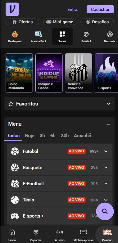 Menu de esportes ao vivo, futebol, basquete, tênis e eSports na Vupi