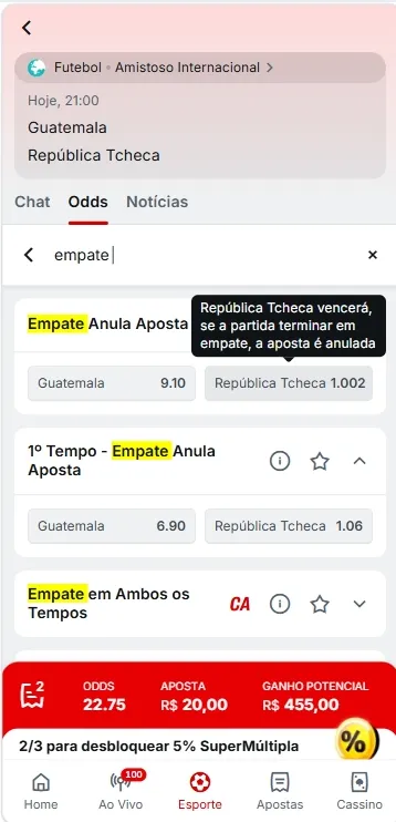 Ferramenta de busca da Superbet exibindo o mercado Empate Anula Aposta para Guatemala x República Tcheca
