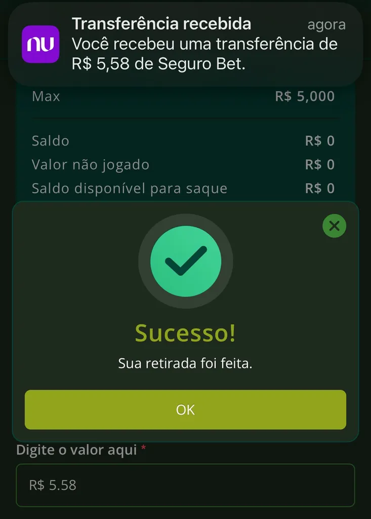 Confirmação de saque solicitado e notificação no celular de recebimento na conta bancária.