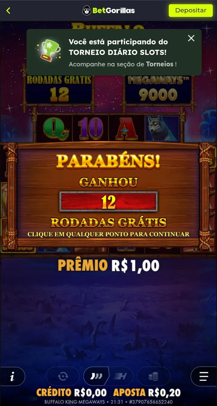 Pr&ecirc;mio de 12 rodadas gr&aacute;tis no jogo Buffalo King Megaways na BetGorillas
