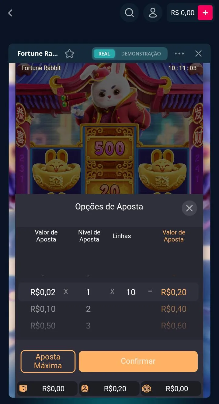 Fortune Rabbit na Novibet, com valor de aposta a R$0,20