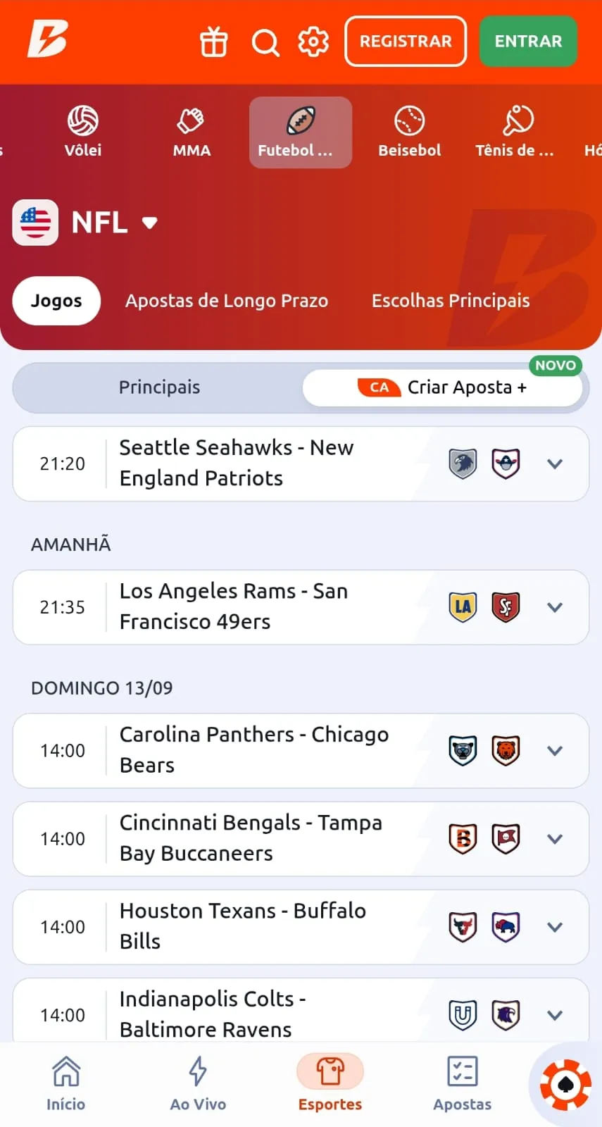 Partidas da NFL na Betano elegíveis para a ferramenta de "Criar Aposta", que suporta até 30 eventos.