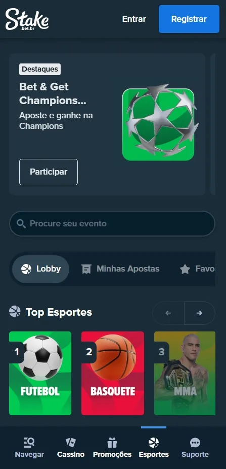 Página da Stake com promoção de Bet & Get apostas grátis na Champions League