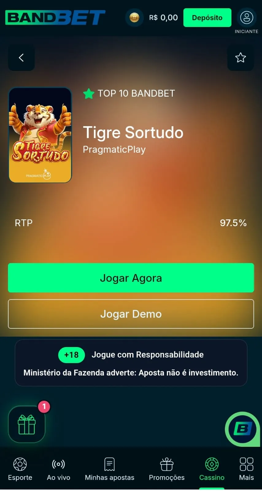 Painel inicial do Tigre Sortudo na Bandbet