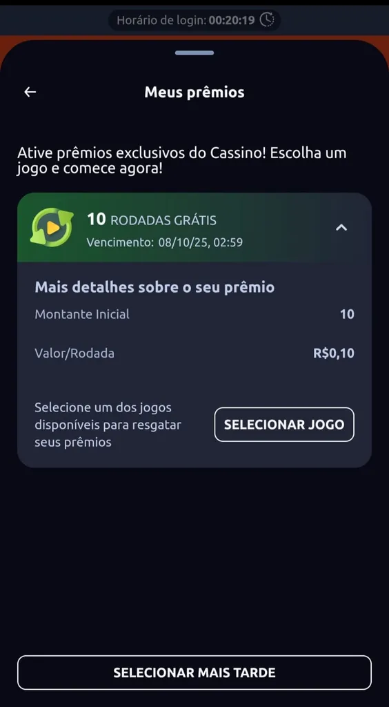 Captura de tela da oferta de rodadas grátis da Betano.