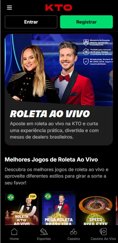 Seção de Roleta na KTO com destaque para Roleta KTO Ao Vivo e Mega Roleta Brasileira