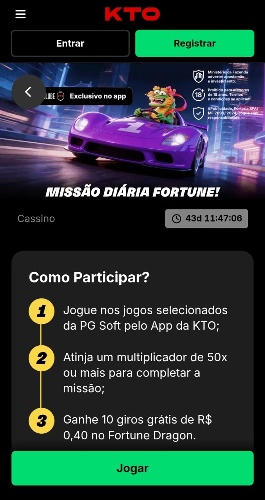 Missão diária Fortune na KTO com até 10 rodadas grátis de recompensa.