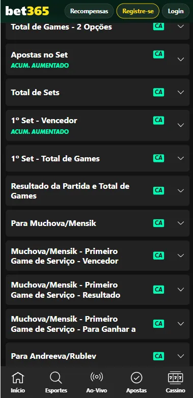 Mercados de partida pre-jogo em tênis na bet365
