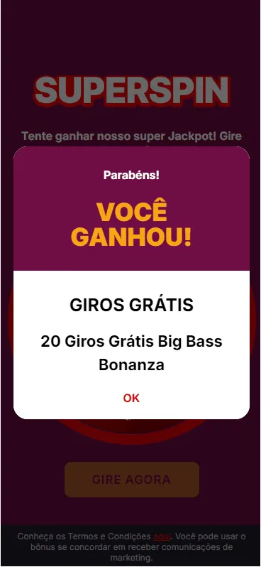Informe Parabéns você ganhou 20 giros grátis do Big Bass Bonanza na Superbet