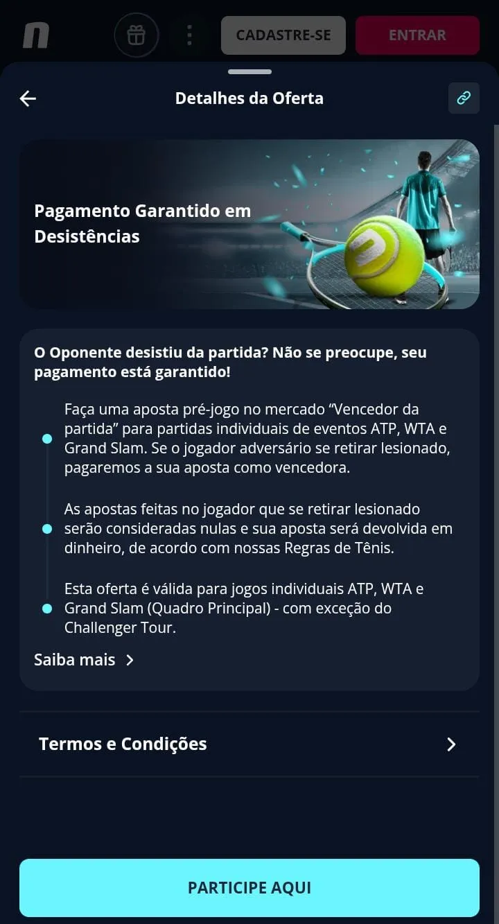 Pagamento garantido em desistências na Novibet, com texto explicativo da oferta e raquete de tênis no banner promocional