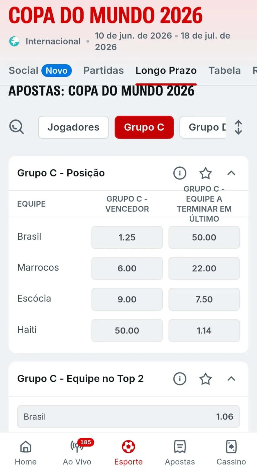 Mercado de posição final no grupo C, com Brasil, Marrocos, Escócia e Haiti.