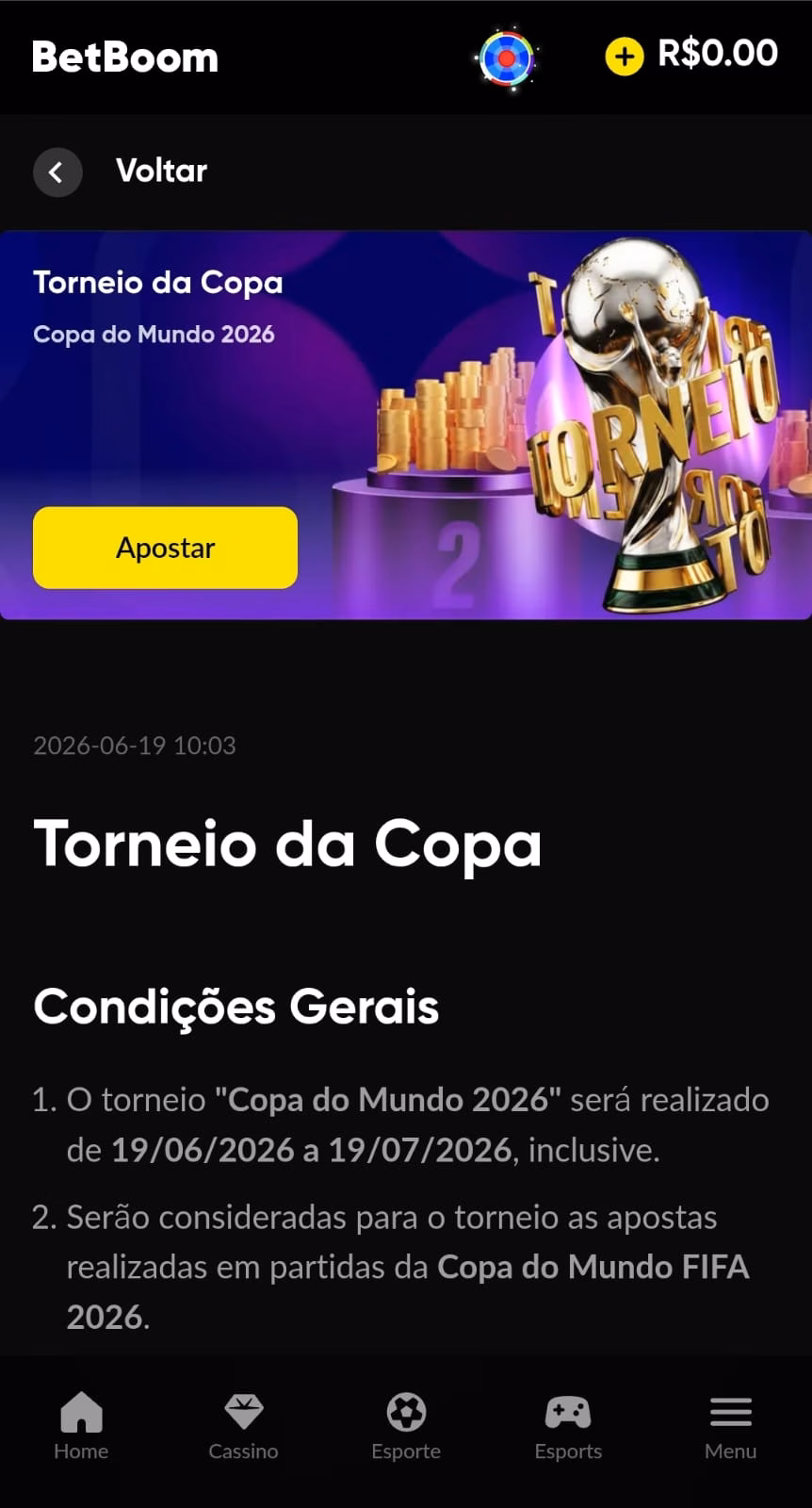 Torneio da Copa da BetBoom com prêmios de R$ 150 mil distribuídos entre os primeiros 100 colocados no ranking.