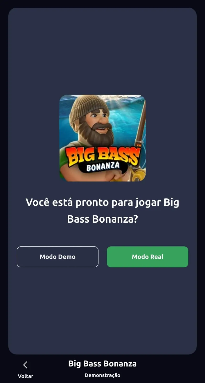 Painel de seleção do Big Bass Bonanza na Betano com a opção de ativar o modo demo