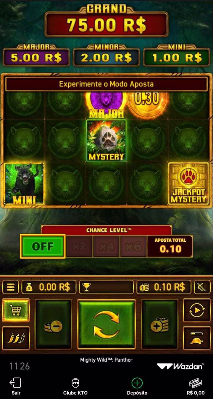 Diferentes símbolos especiais na grade 5x3 do jogo Mighty Wild: Panther, com grand jackpot em destaque marcando R$75
