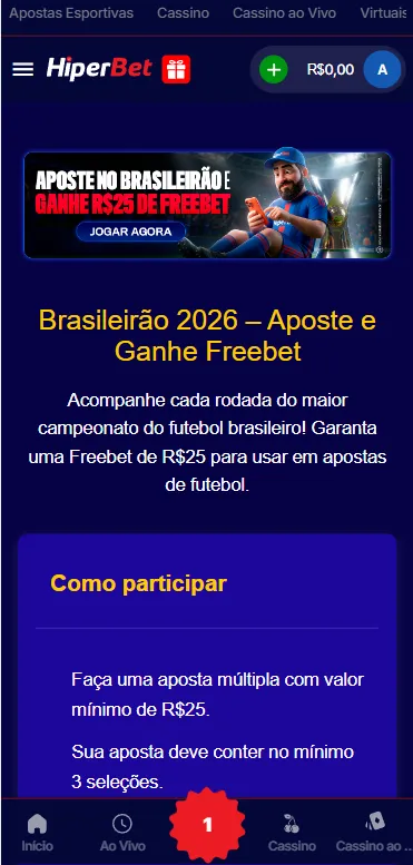 Promoção da HiperBet com freebet no Brasileirão 2026 para apostas em futebol